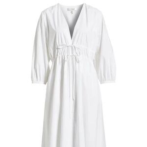 White Plunge Bow Front Midi Dress With Puff Sleeves by Moodie- Medium (8-10) NWT